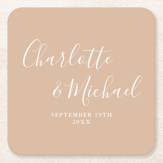 Elegant Signature Script Tan Taupe Wedding Square Paper Coaster (Front)