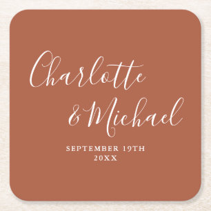 Elegant Signature Script Terracotta Wedding Square Paper Coaster