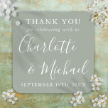 Elegant Signature Script Wedding Thank You Square Sticker<br><div class="desc">Featuring signature style names,  this elegant silver sage sticker can be personalised with your special thank you information in chic white lettering. You can customise the background to your favourite colour. Designed by Thisisnotme©</div>