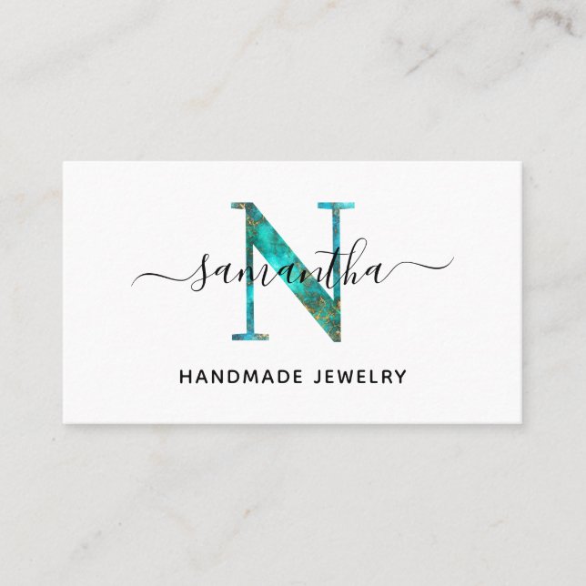 Elegant Signature Turquoise Gold N Monogram Logo Business Card (Front)