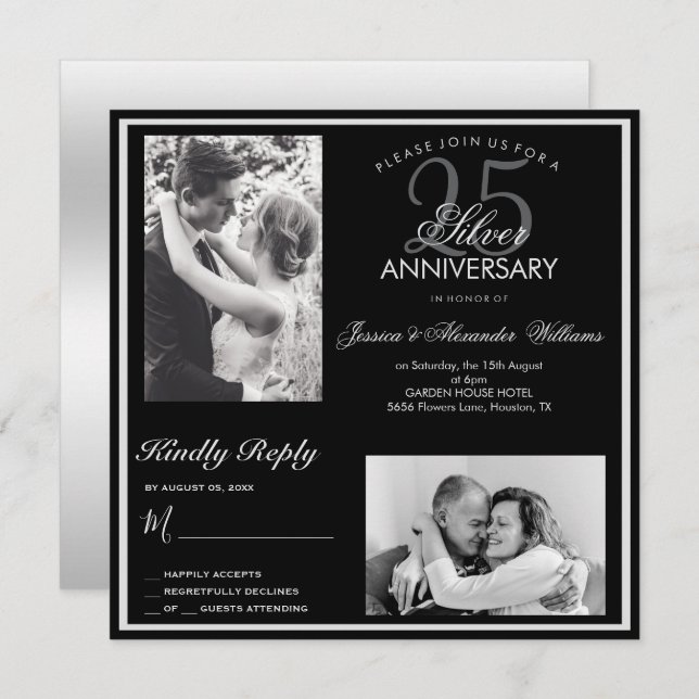 Elegant Silver 25th Wedding Anniversary Photo Invitation (Front/Back)