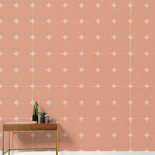 Elegant Silver 4 Point Stars Salmon Pink Squares Wallpaper