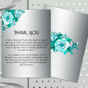 Elegant Silver and Aqua Roses Wedding Thank You Card