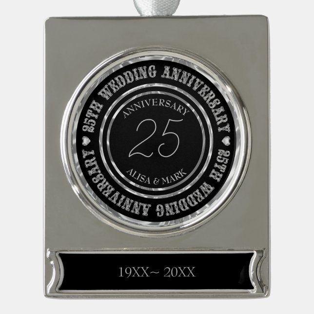 Elegant Silver And Black Combination With Hearts Silver Plated Banner Ornament (Front)