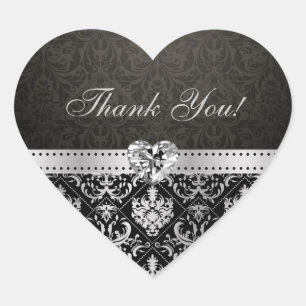 Elegant Silver and Black Damask Thank You Stickers