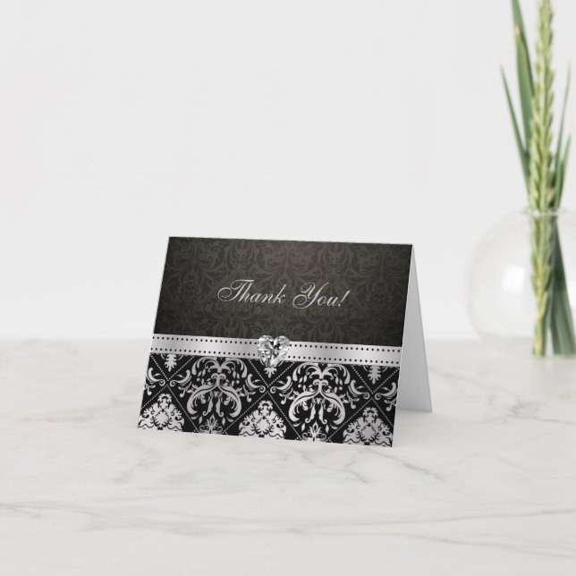 Elegant Silver and Black Damask with Diamond Heart Thank You Card (Front)