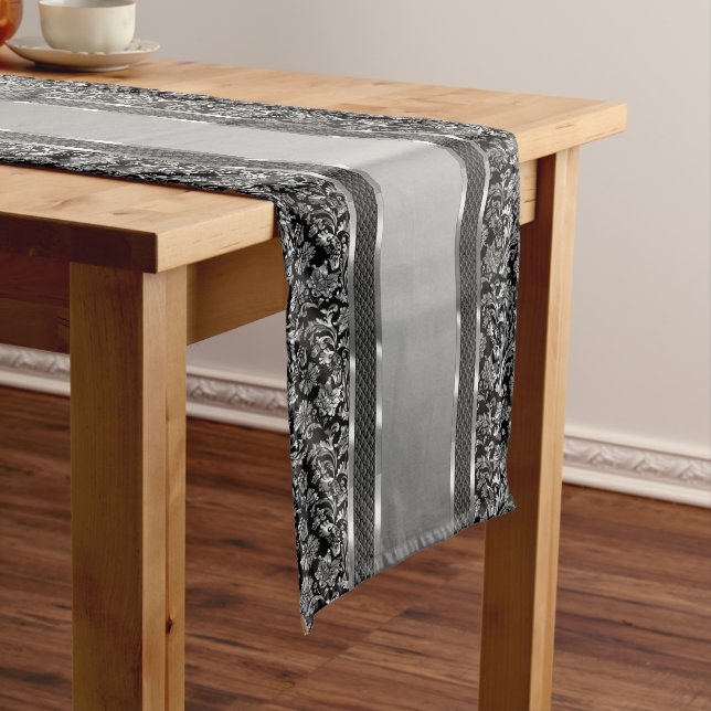 Elegant Silver And Black Damasks & Stripes Medium Table Runner (In Situ)