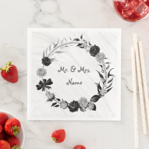 elegant silver and black floral wreath wedding napkin