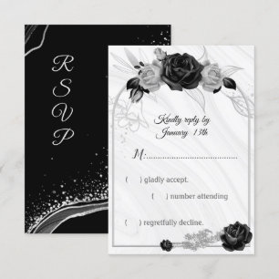 Elegant silver and black flowers RSVP card