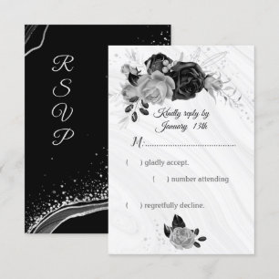Elegant silver and black flowers RSVP card