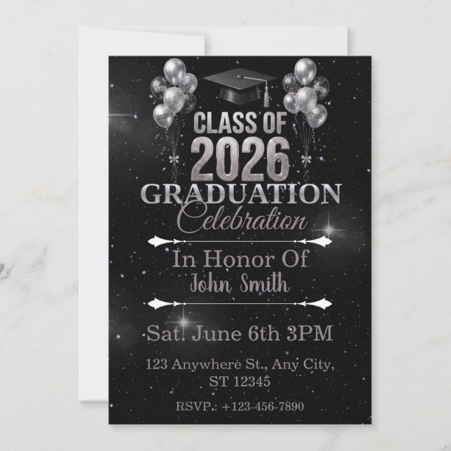 Elegant Silver and Black Graduation Invitation  (Front)