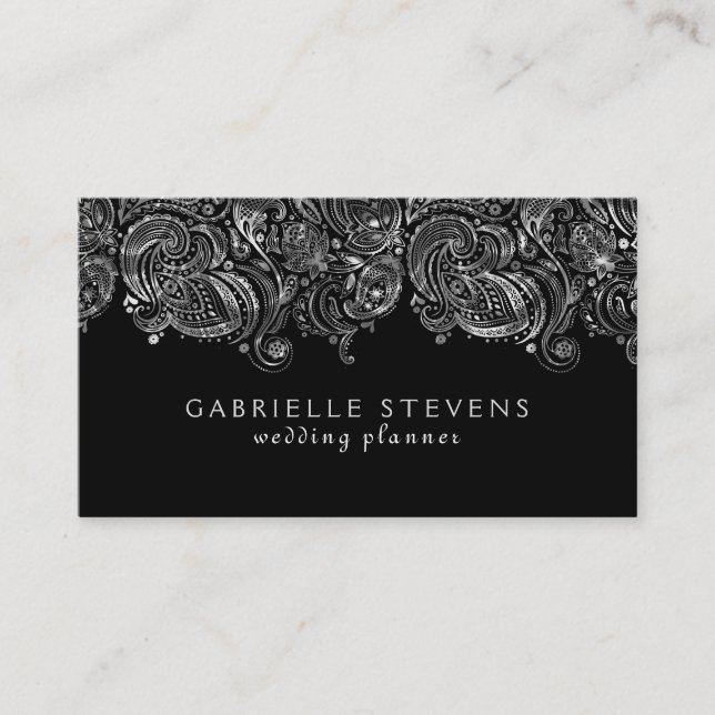 Elegant Silver And Black Paisley Wedding Planner Business Card (Front)