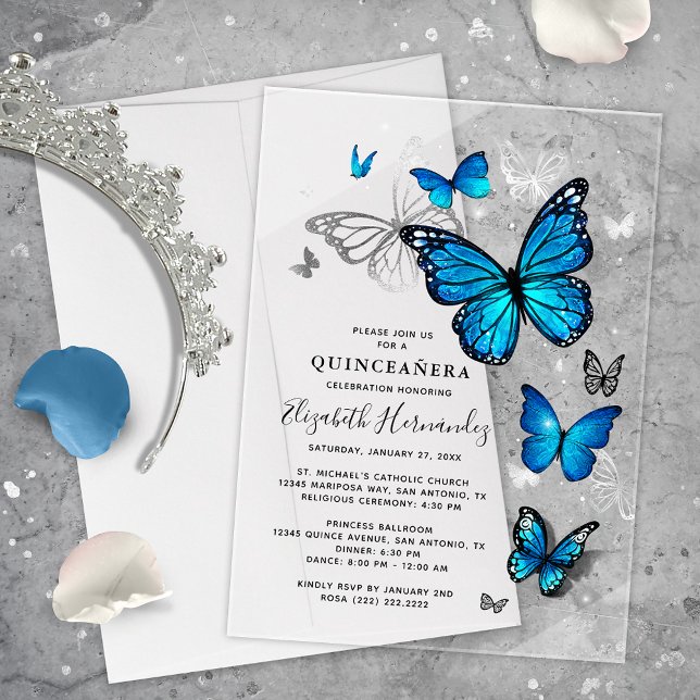 Elegant Silver and Blue Butterfly Quinceanera Acrylic Invitations (Elegant blue butterfly acrylic quinceanera invitations that will bring your fairy tale to life!)