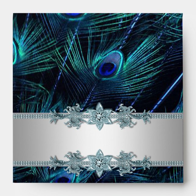 Elegant Silver and Blue Peacock Envelopes (Front)