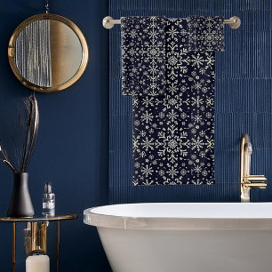 Elegant silver and blue snowflakes pattern bath towel set