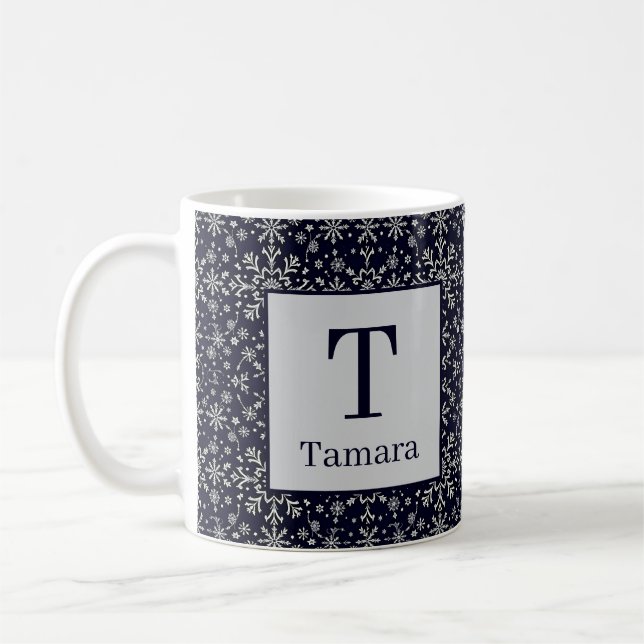 Elegant silver and blue snowflakes personalised coffee mug (Left)