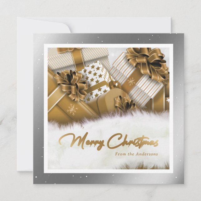 Elegant Silver and Gold Gifts Snow Christmas Cards (Front)