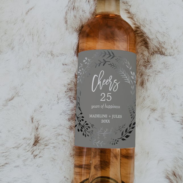 Elegant Silver and Grey "Cheers" Anniversary Wine Label (Creator Uploaded)