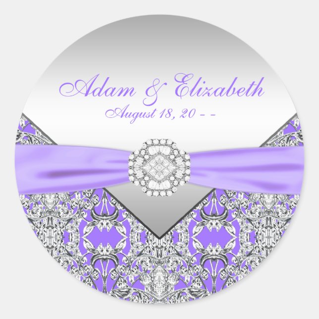 Elegant Silver and Lavender Purple Wedding Classic Round Sticker (Front)