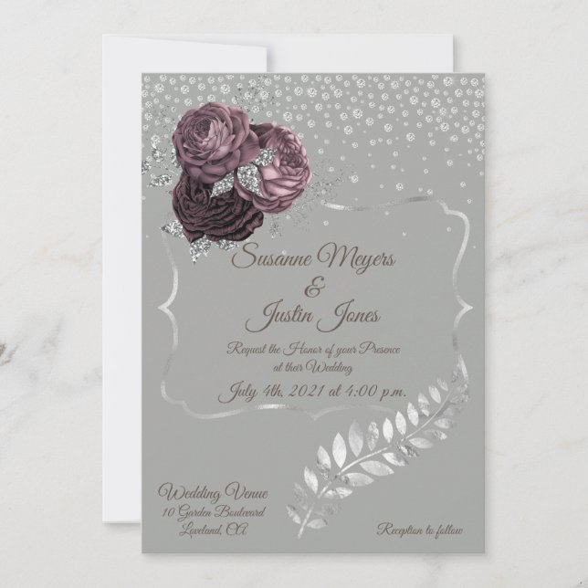 Elegant Silver and Mauve Wedding Invitation (Front)
