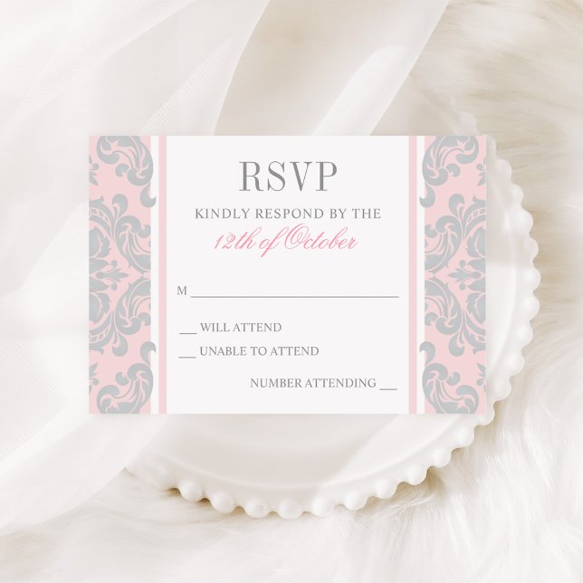 Elegant Silver and Pink Damask Baby Girl Baptism RSVP Card (Creator Uploaded)