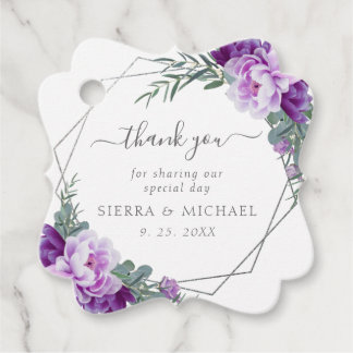 Elegant Silver and Purple Floral Wedding Favour Tags