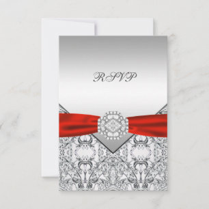 Elegant Silver and Red Wedding RSVP Card