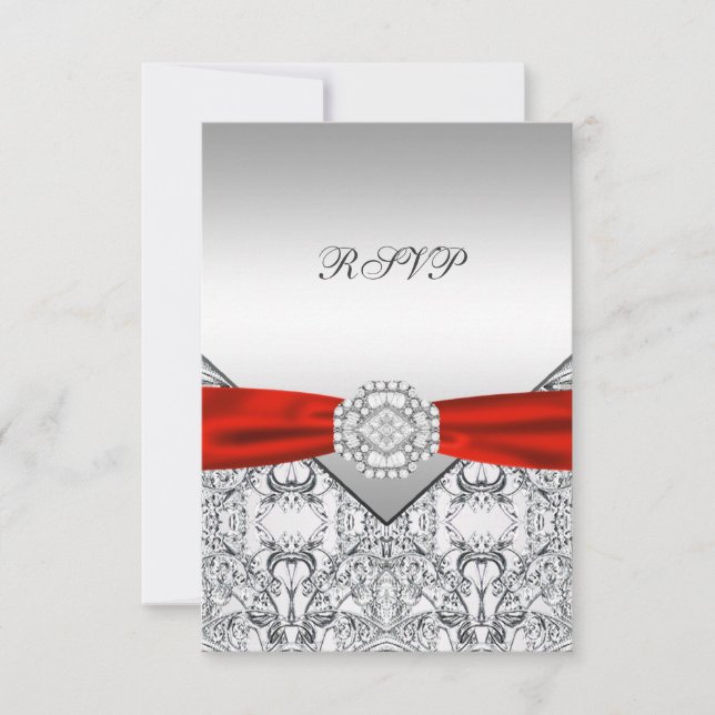 Elegant Silver and Red Wedding RSVP Card (Front)
