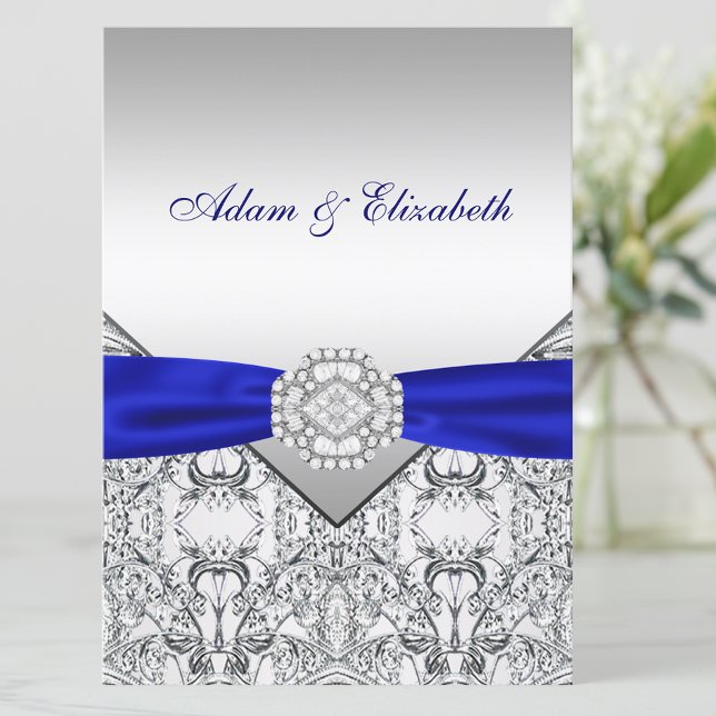 Elegant Silver and Royal Blue Wedding Invitations (Beautiful royal blue and silver invitation. Simply add your event details to the front and back.)