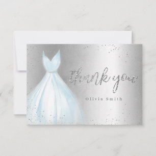 Elegant silver and sparkle blue dress quinceañera thank you card