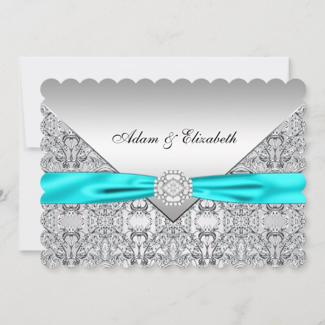 Elegant Silver and Teal Blue Lace Wedding Invitation (Front)