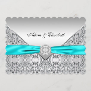 Elegant Silver and Teal Blue Lace Wedding Invitation