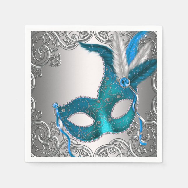 Elegant Silver and Teal Blue Masquerade Party Napkin (Front)