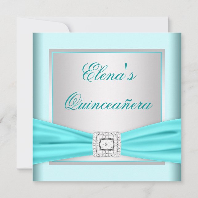 Elegant Silver and Teal Blue Quinceanera Invitation (Front)