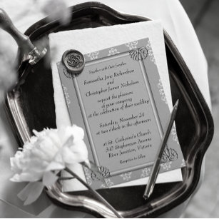 Elegant Silver and White Damask Wedding Invitation