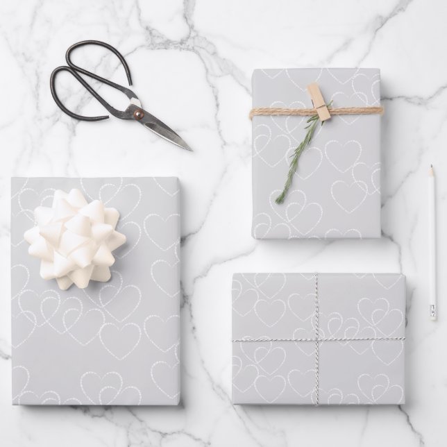 Elegant Silver and White Decorative Heart Charms Wrapping Paper Sheet (Front)