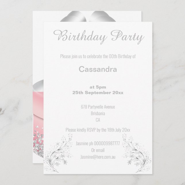 ELEGANT SILVER AND WHITE GLITTER  BIRTHDAY INVITATION (Front/Back)