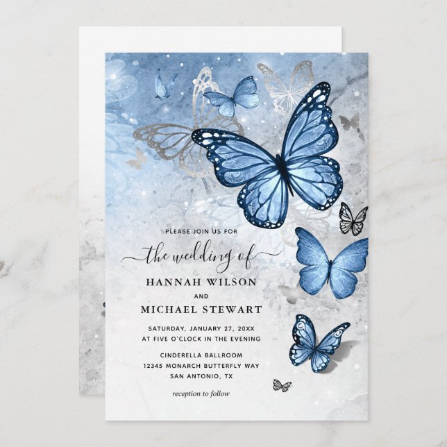 Elegant Silver Baby Blue Butterfly Wedding Invitation (Front/Back)