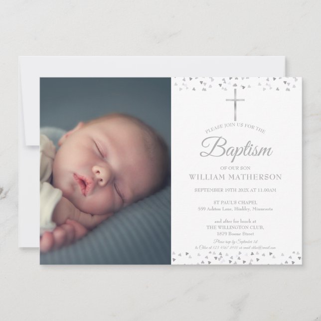 Elegant Silver Baptism, Christening Photo Invitation (Front)