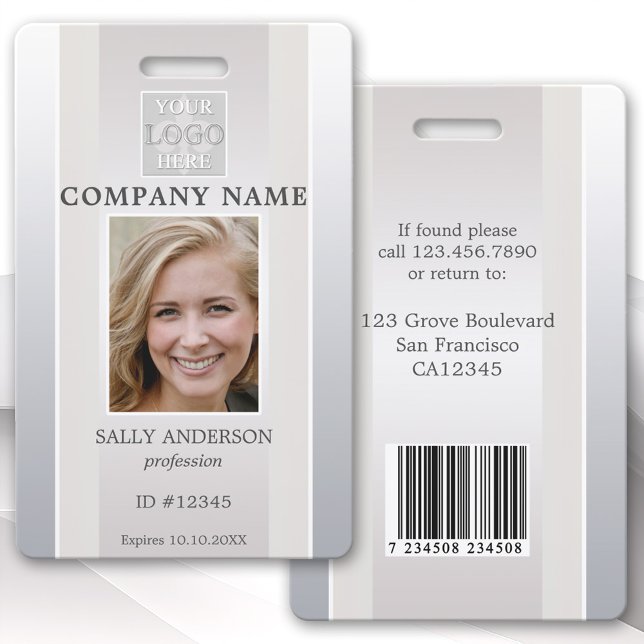 Elegant Silver Beige Employee Photo ID Badge (Elegant silver beige photo ID badge with space for your custom photo and logo, bar code or QR code)