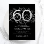 Elegant Silver Black 60th Birthday Invitation<br><div class="desc">Elegant silver black 60th birthday party invitation. Customisable modern feminine design featuring roses botanical accents and faux glitter silver. Simple floral invite card perfect for a stylish female bday celebration. Personalise with your own details. Printed Zazzle invitations or instant download digital printable template.</div>