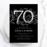 Elegant Silver Black 70th Birthday Invitation<br><div class="desc">Elegant silver black 70th birthday party invitation. Customisable modern feminine design featuring roses botanical accents and faux glitter silver. Simple floral invite card perfect for a stylish female bday celebration. Personalise with your own details. Printed Zazzle invitations or instant download digital printable template.</div>