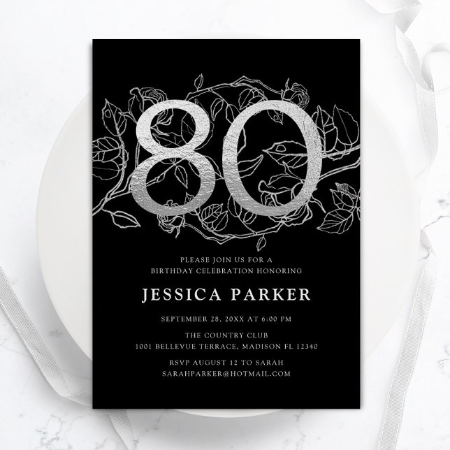 Elegant Silver Black 80th Birthday Invitation (Creator Uploaded)