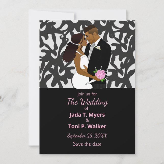 Elegant Silver & Black African American Wedding  Invitation (Front)