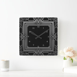 Elegant Silver Black Art Deco Square Wall Clock