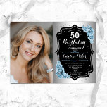 Elegant Silver Black Blue Photo 50th Birthday Invitation<br><div class="desc">Elegant floral feminine 50th birthday invitation with your photo. Glam design with faux silver. Features light dusty blue roses, script font and confetti. Perfect for a stylish adult bday celebration party. Personalise with your own details. Can be customised for any age! Printed Zazzle invitations or instant download digital printable template....</div>