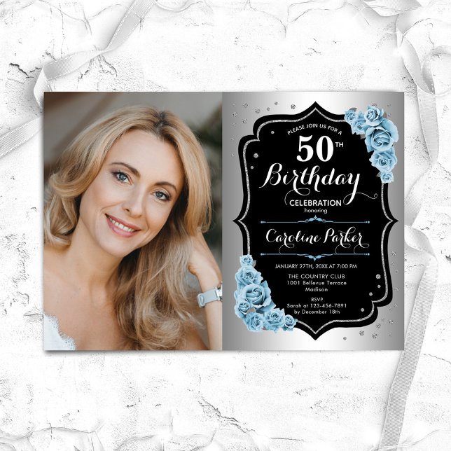 Elegant Silver Black Blue Photo 50th Birthday Invitation (Creator Uploaded)