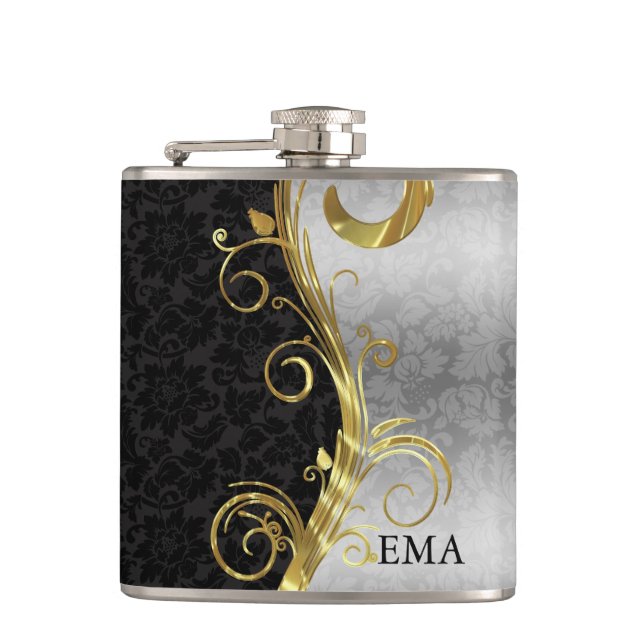Elegant Silver Black Damask Hip Flask (Front)