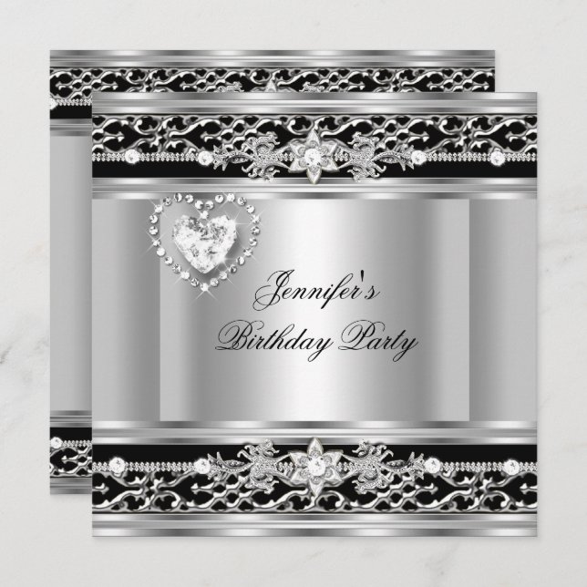 Elegant Silver Black Diamond Birthday Party Invitation (Front/Back)