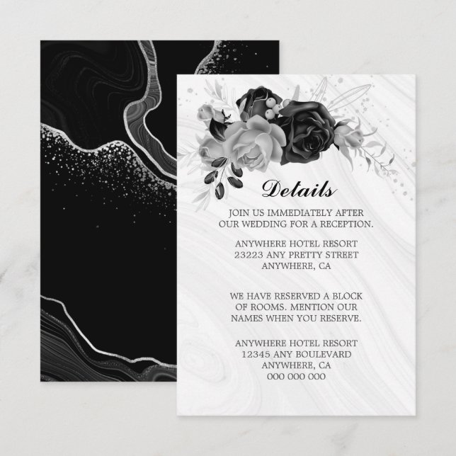 Elegant silver & black flowers & leaves details enclosure card (Front/Back)